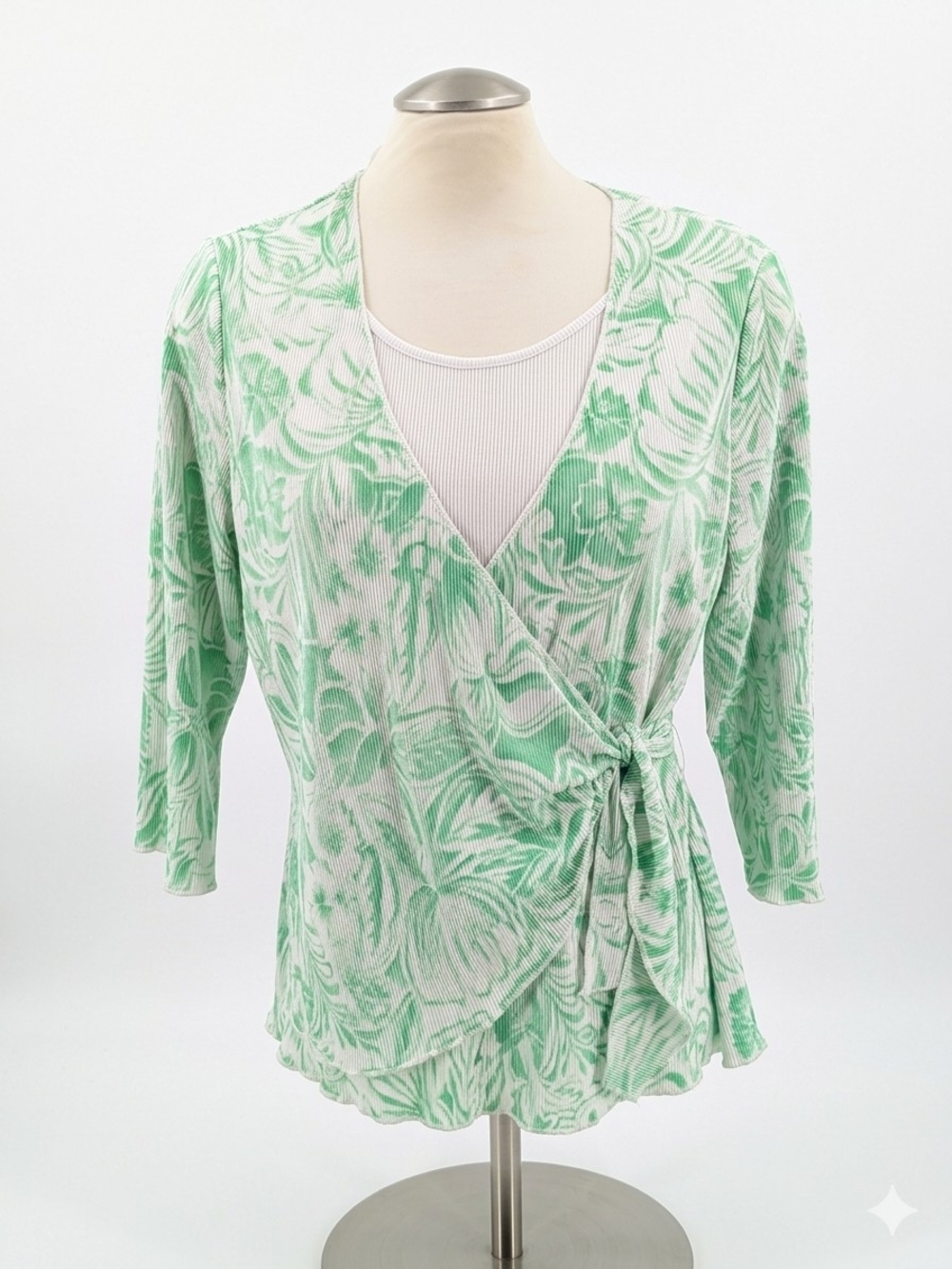 2/$15 TanJay Green and White Floral Wrap Blouse